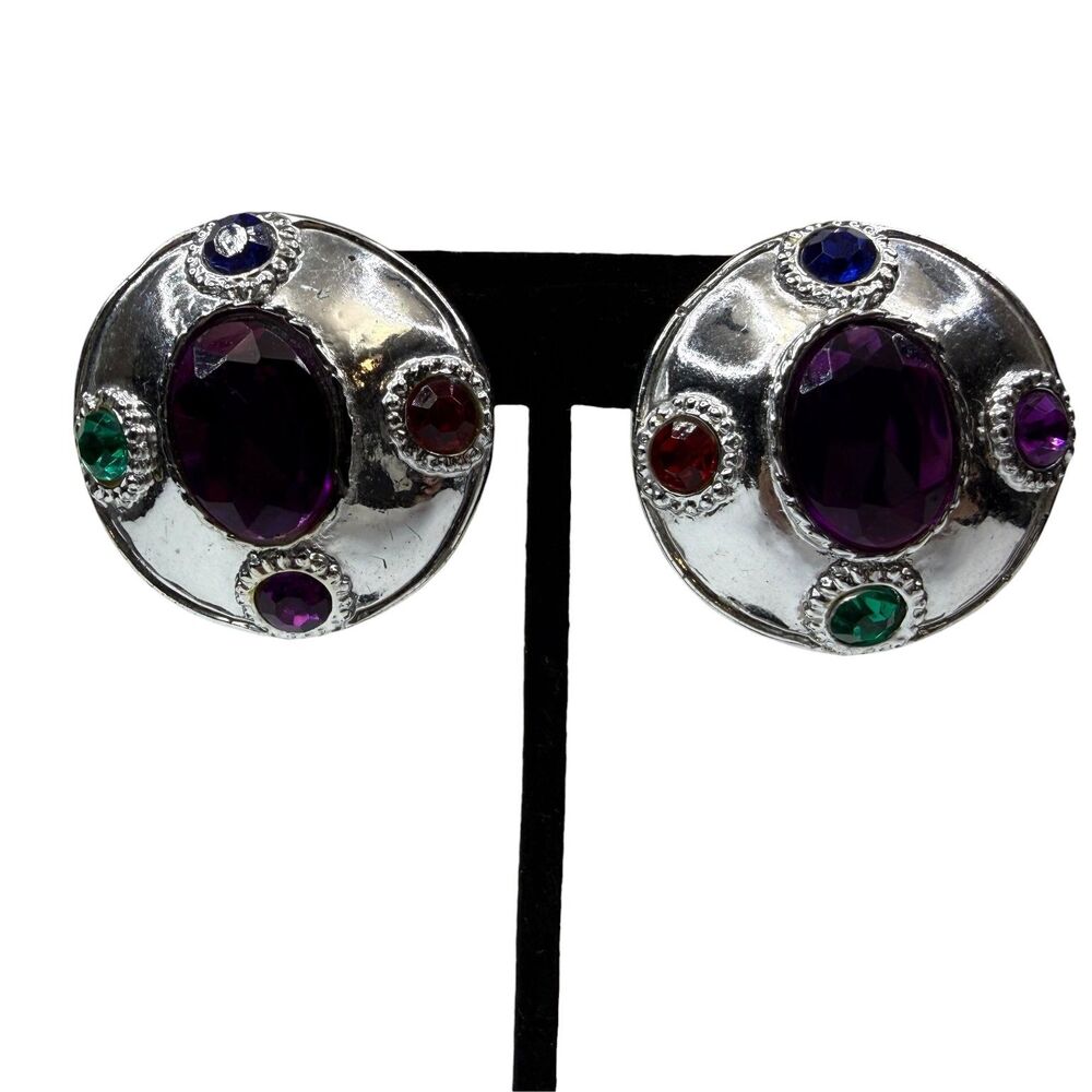 VTG 80's Style Silver Tone Purple Oval Multi Color Rhinestone Stud Earrings 1.5"